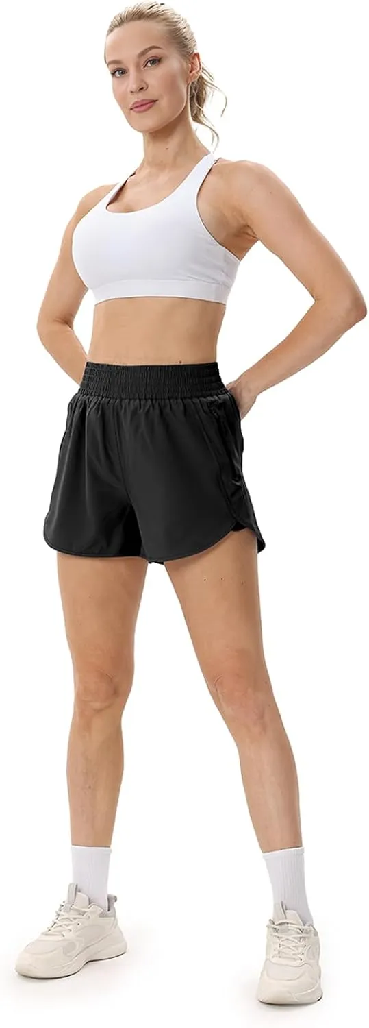 Elastic High Waisted Quick Dry Running Shorts for Women Athletic Workout Gym Dolphin Shorts with Zipper Pockets
