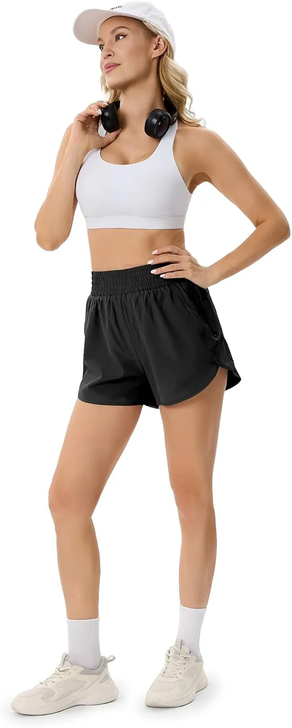 Elastic High Waisted Quick Dry Running Shorts for Women Athletic Workout Gym Dolphin Shorts with Zipper Pockets