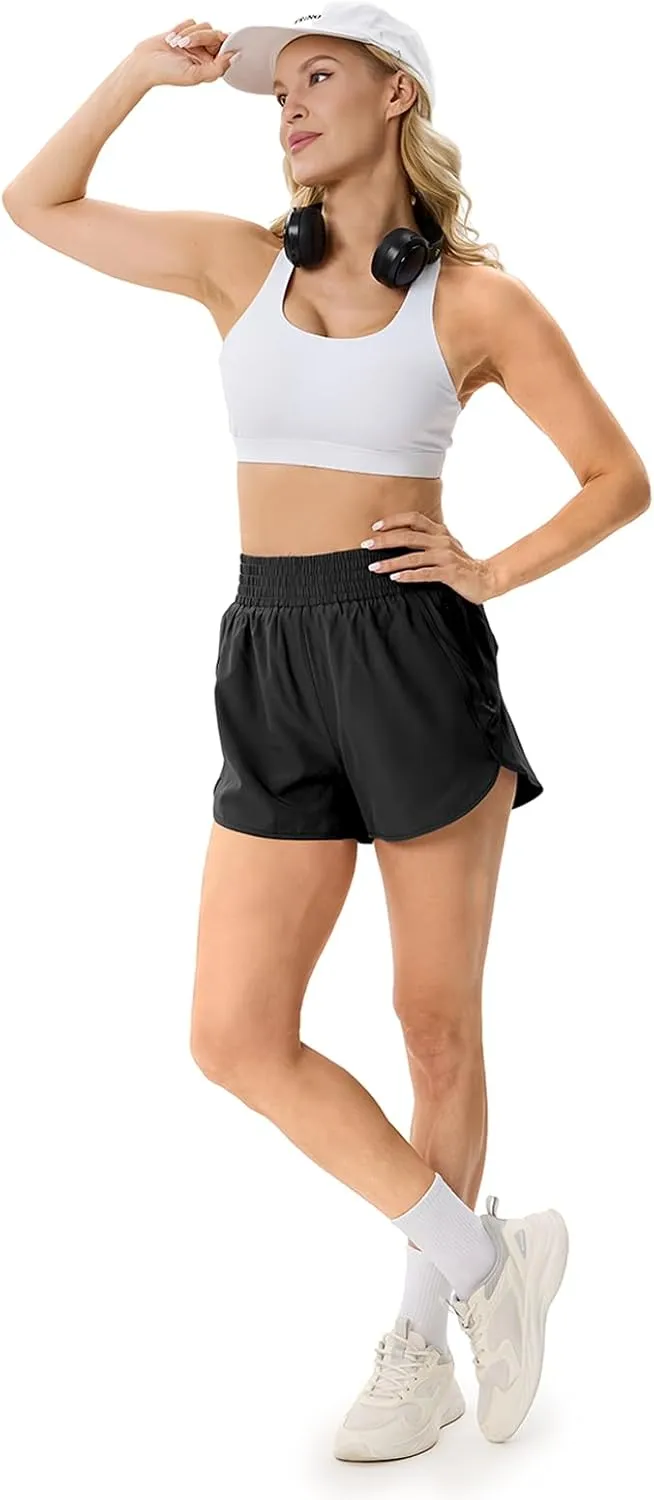 Elastic High Waisted Quick Dry Running Shorts for Women Athletic Workout Gym Dolphin Shorts with Zipper Pockets