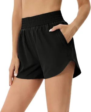 Elastic High Waisted Quick Dry Running Shorts for Women Athletic Workout Gym Dolphin Shorts with Zipper Pockets