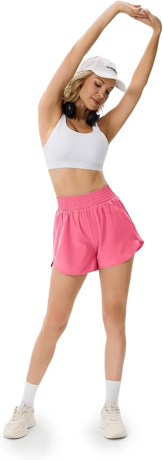 Elastic High Waisted Quick Dry Running Shorts for Women Athletic Workout Gym Dolphin Shorts with Zipper Pockets