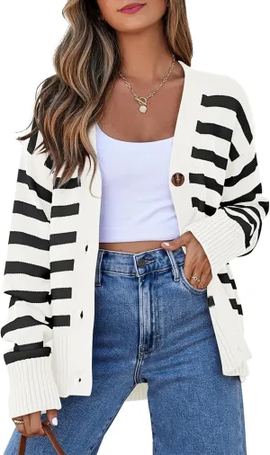 EVALESS Womens Striped Cardigan Sweaters Long Sleeve V Neck Lightweight Open Front Button Down Knit Cardigans