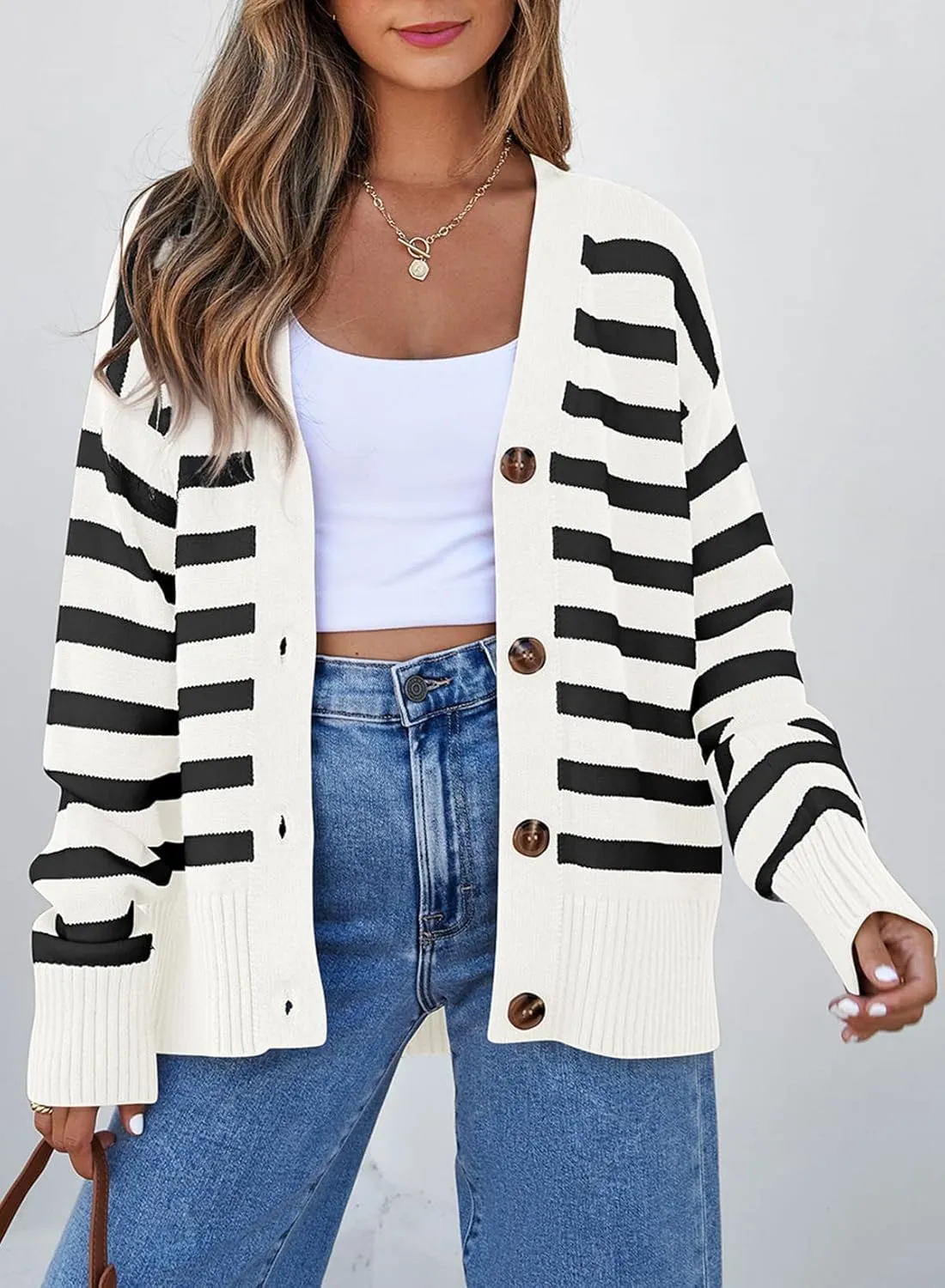 EVALESS Womens Striped Cardigan Sweaters Long Sleeve V Neck Lightweight Open Front Button Down Knit Cardigans