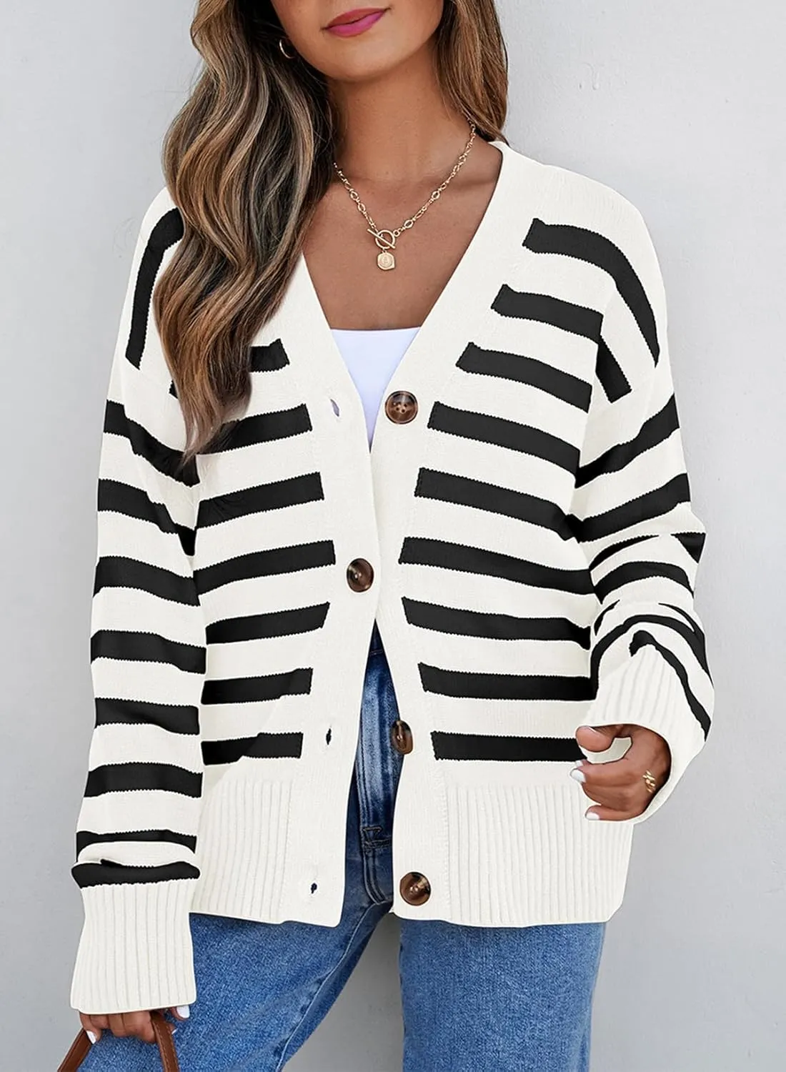 EVALESS Womens Striped Cardigan Sweaters Long Sleeve V Neck Lightweight Open Front Button Down Knit Cardigans