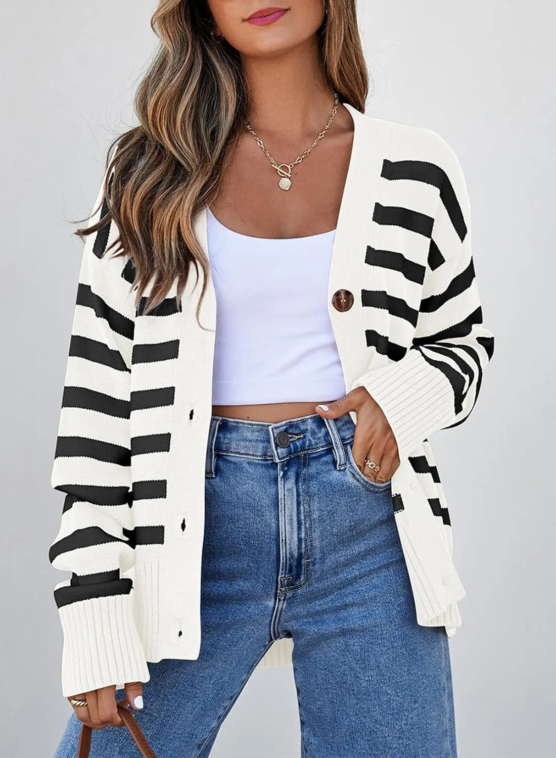 EVALESS Womens Striped Cardigan Sweaters Long Sleeve V Neck Lightweight Open Front Button Down Knit Cardigans