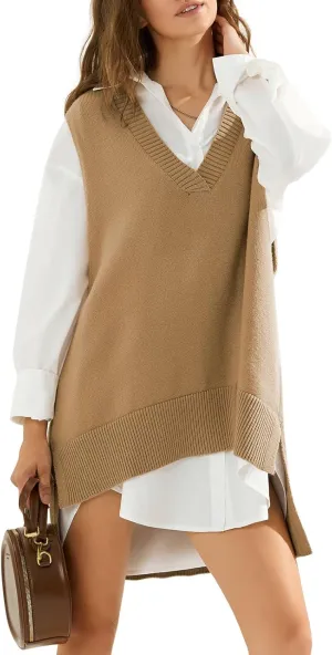 EXLURA Womens Oversized Sweater Vest Knit V Neck Tunic Casual Sleeveless Long Pullover Tank Tops Winter Spring Trendy 2025