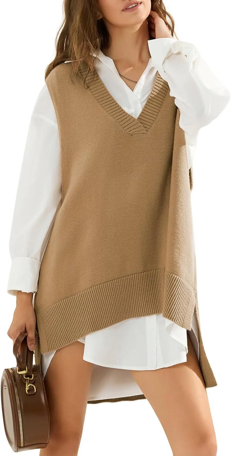 EXLURA Womens Oversized Sweater Vest Knit V Neck Tunic Casual Sleeveless Long Pullover Tank Tops Winter Spring Trendy 2025