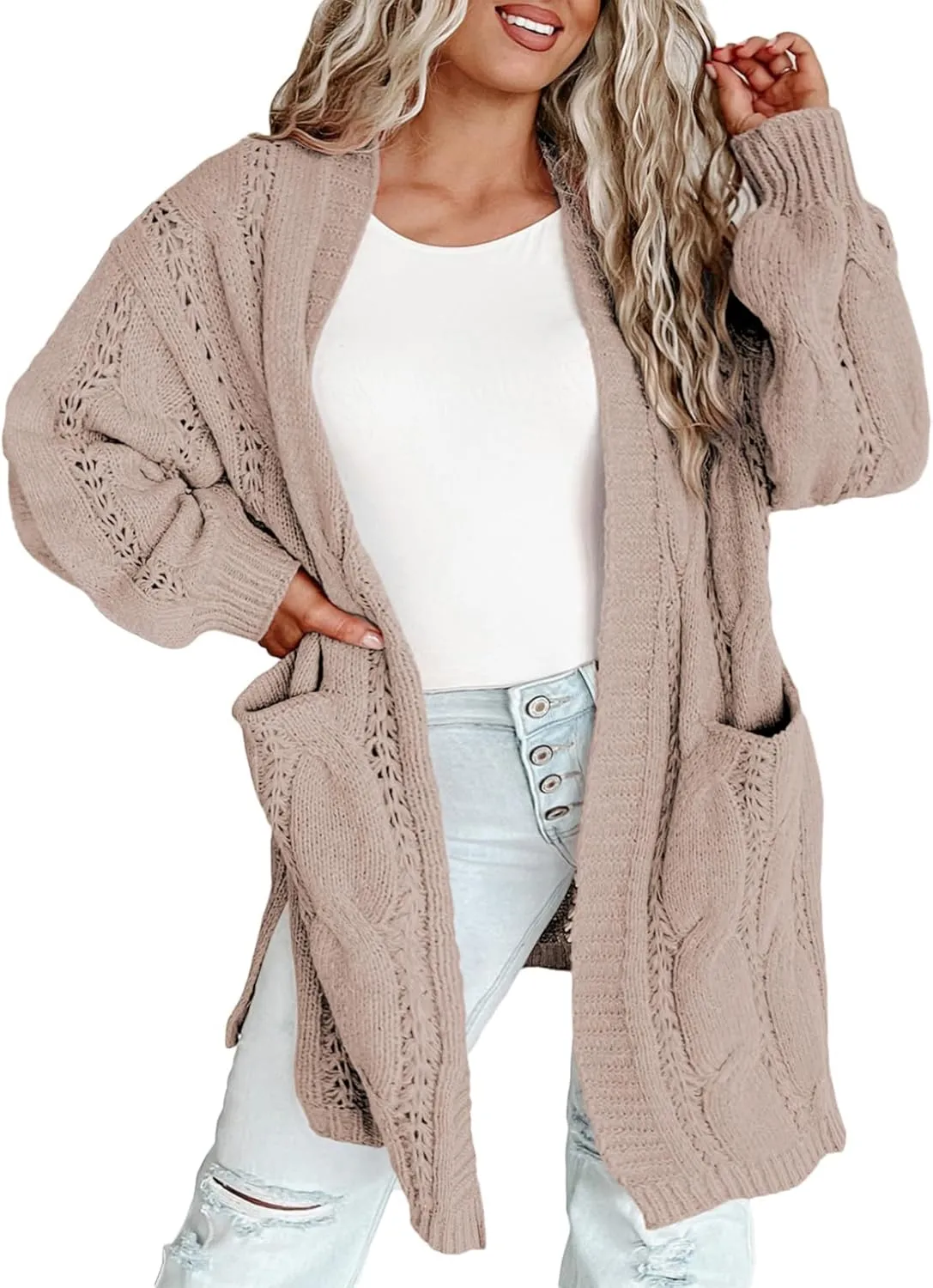 Eytino Plus Size Cardigans for Women Open Front Long Sleeves Lightweight Fall Sweaters with Pockets(1X-5X)