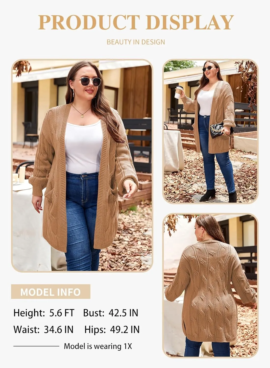 Eytino Plus Size Cardigans for Women Open Front Long Sleeves Lightweight Fall Sweaters with Pockets(1X-5X)