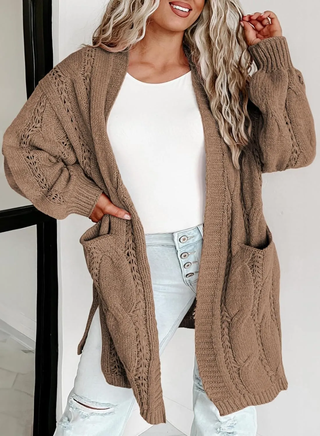 Eytino Plus Size Cardigans for Women Open Front Long Sleeves Lightweight Fall Sweaters with Pockets(1X-5X)