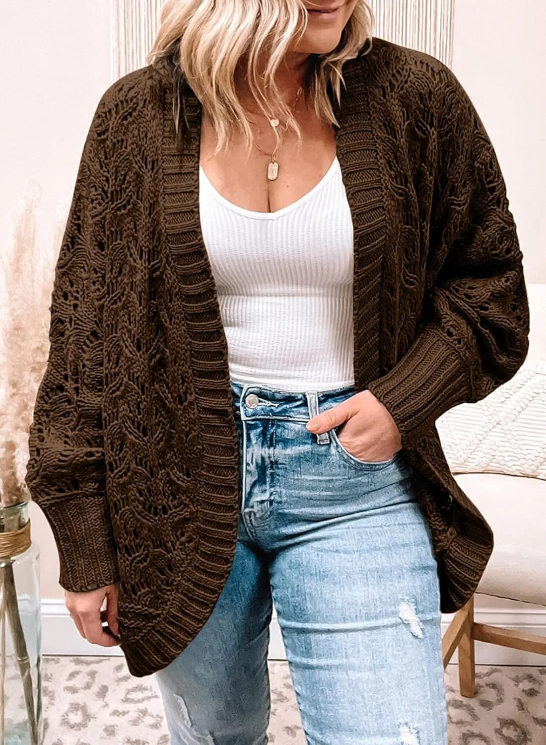 Eytino Womens Plus Size Crochet Cardigan Sweater Long Sleeve Hollow Out Open Front Cardigans Outwear(1X-5X)