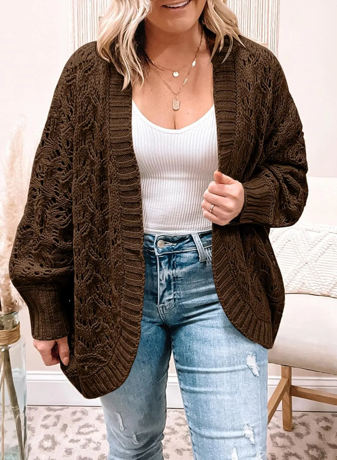 Eytino Womens Plus Size Crochet Cardigan Sweater Long Sleeve Hollow Out Open Front Cardigans Outwear(1X-5X)