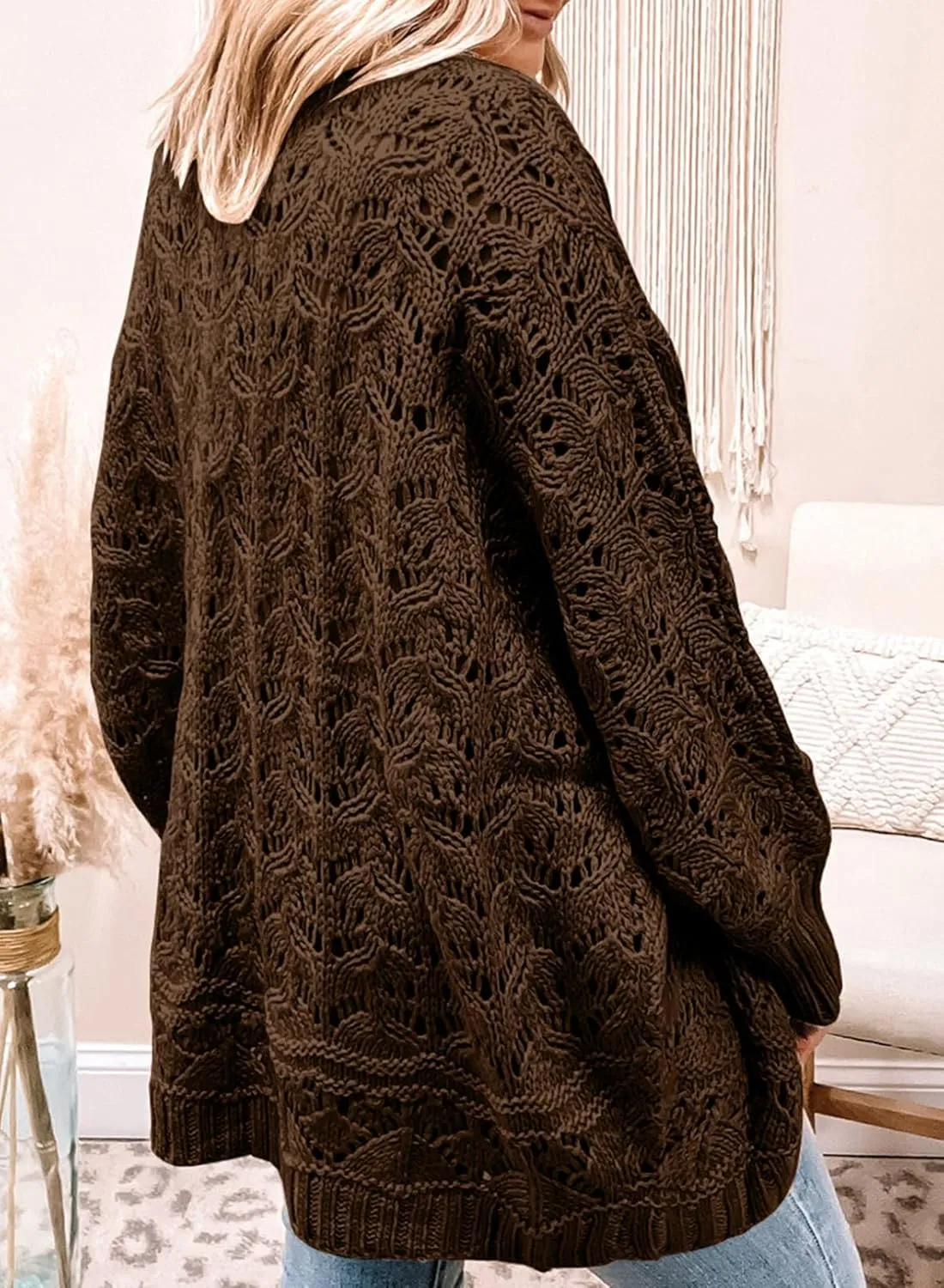 Eytino Womens Plus Size Crochet Cardigan Sweater Long Sleeve Hollow Out Open Front Cardigans Outwear(1X-5X)
