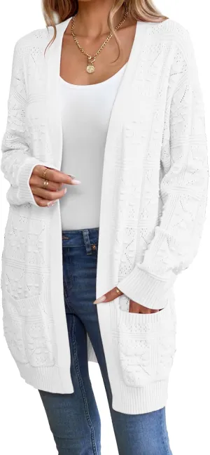 Famulily Womens Boho Crochet Knit Sweaters Cardigan Long Sleeve Chunky Fall Open Front Cardigan with Pockets