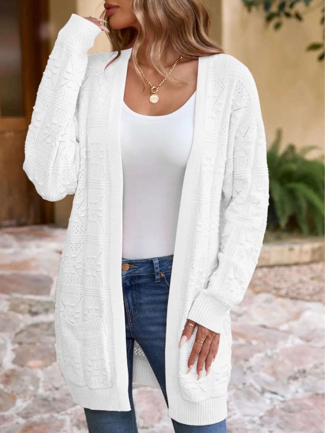Famulily Womens Boho Crochet Knit Sweaters Cardigan Long Sleeve Chunky Fall Open Front Cardigan with Pockets
