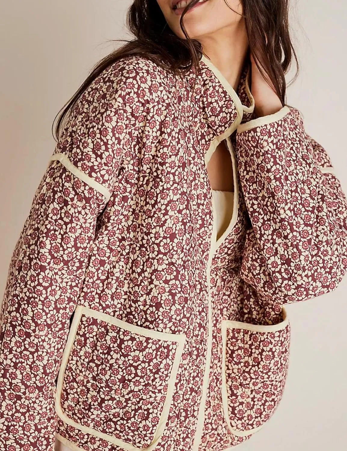 Faretumiya Women Open Front Puffer Jacket Vinatge Floral Crop Quilted Cardigan Y2k Patchwork Padded Coat Streetwear