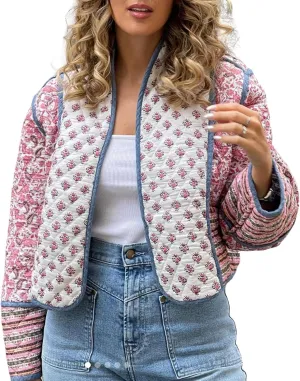 Faretumiya Women Open Front Puffer Jacket Vinatge Floral Crop Quilted Cardigan Y2k Patchwork Padded Coat Streetwear