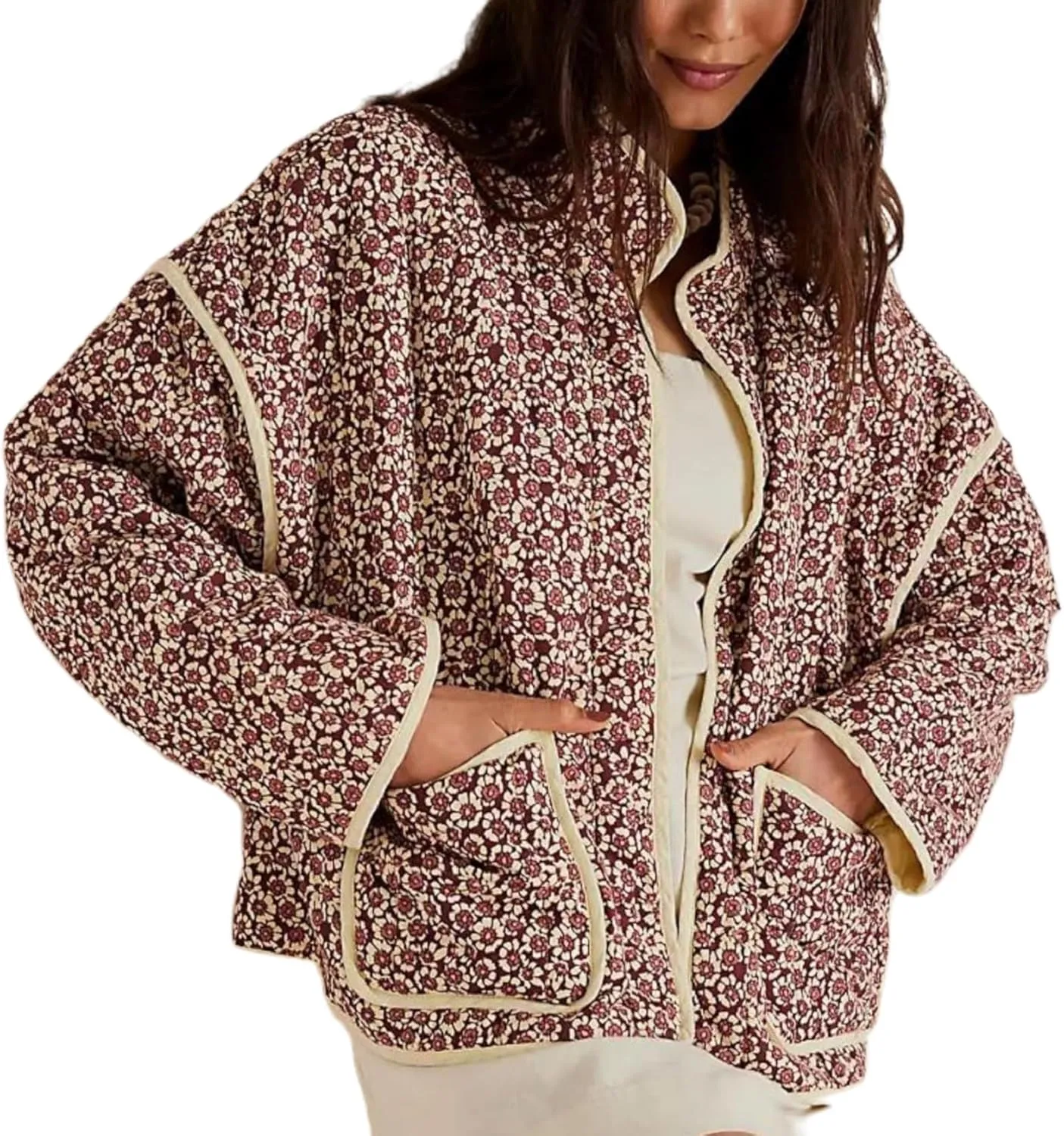 Faretumiya Women Open Front Puffer Jacket Vinatge Floral Crop Quilted Cardigan Y2k Patchwork Padded Coat Streetwear