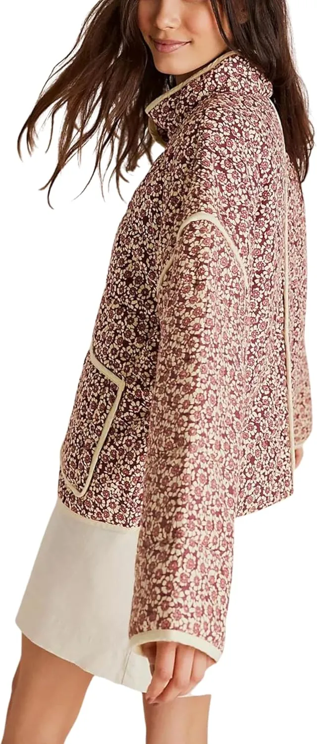 Faretumiya Women Open Front Puffer Jacket Vinatge Floral Crop Quilted Cardigan Y2k Patchwork Padded Coat Streetwear