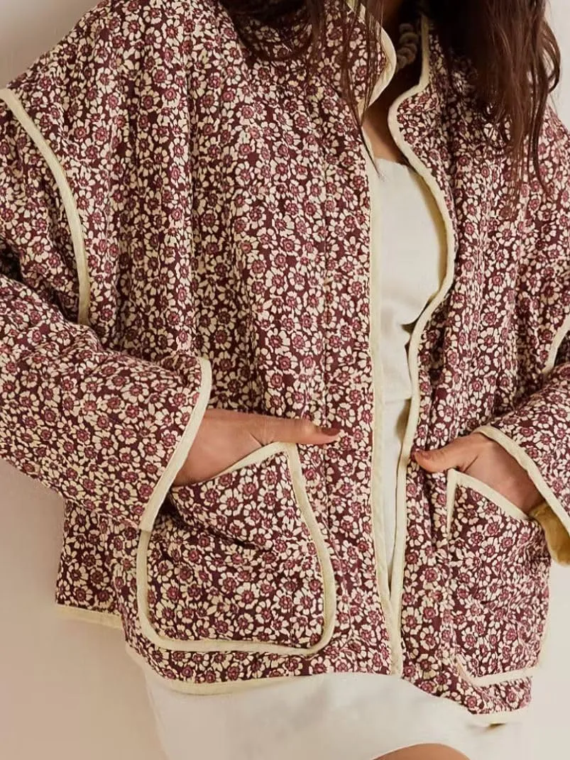 Faretumiya Women Open Front Puffer Jacket Vinatge Floral Crop Quilted Cardigan Y2k Patchwork Padded Coat Streetwear