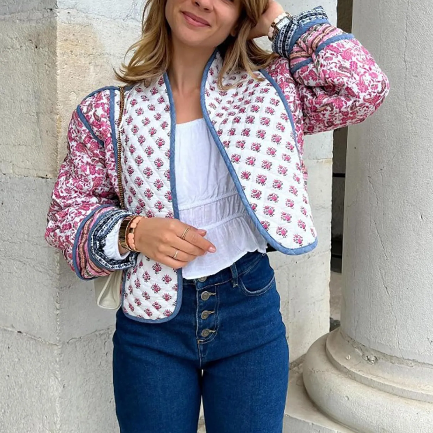 Faretumiya Women Open Front Puffer Jacket Vinatge Floral Crop Quilted Cardigan Y2k Patchwork Padded Coat Streetwear