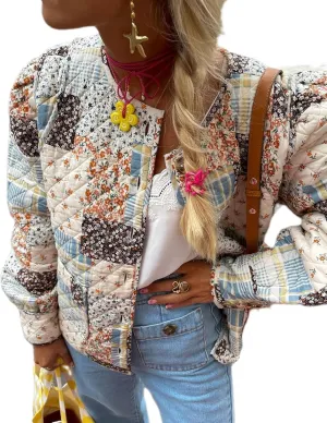 Faretumiya Women Open Front Puffer Jacket Vinatge Floral Crop Quilted Cardigan Y2k Patchwork Padded Coat Streetwear