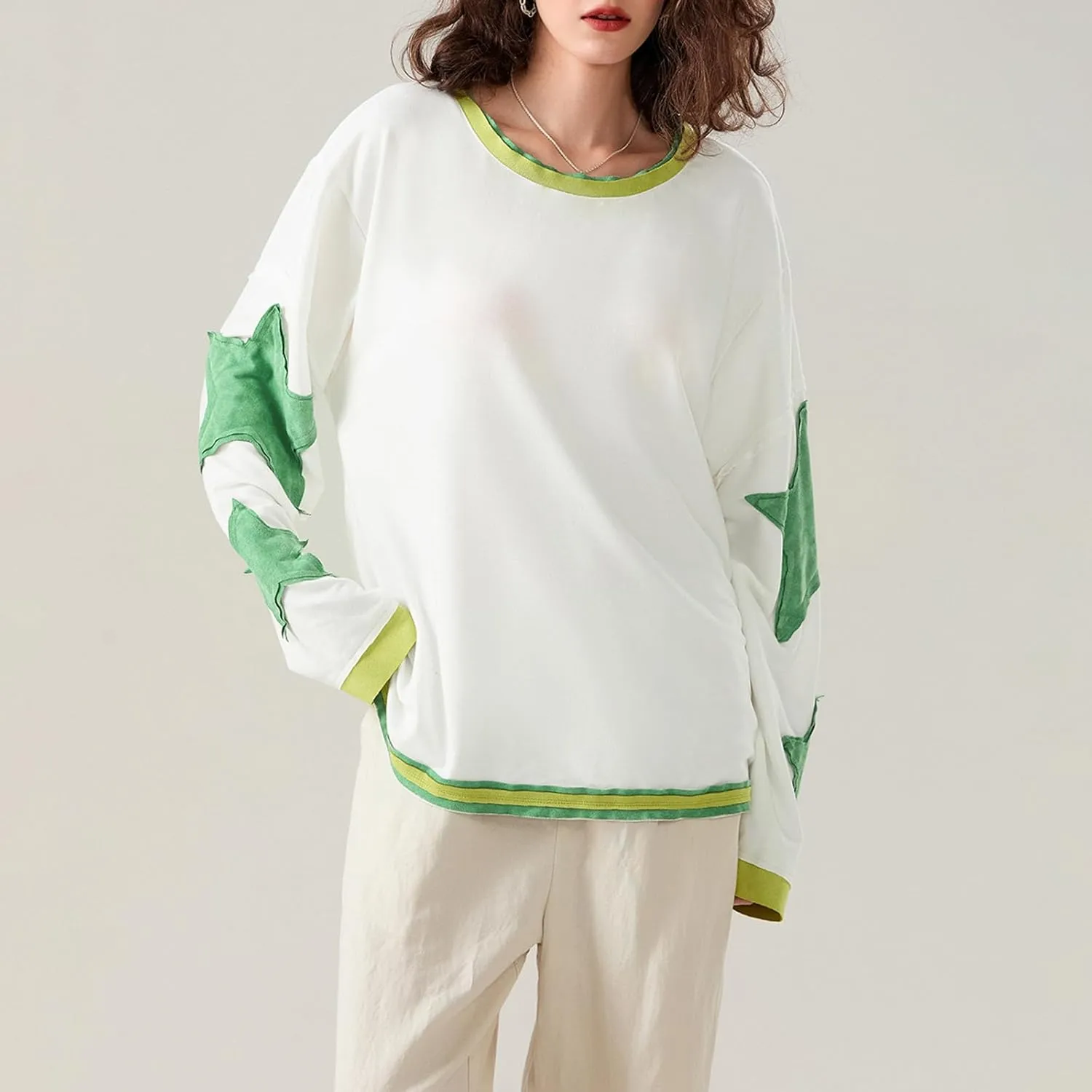 Faretumiya Womens Star Graphic Sweatshirt Oversized Pullover Shirt Long Sleeve Crewneck Drop Shoulder Y2k Fashion Sweatshirt