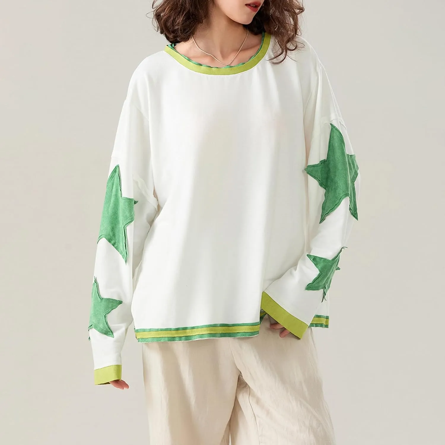 Faretumiya Womens Star Graphic Sweatshirt Oversized Pullover Shirt Long Sleeve Crewneck Drop Shoulder Y2k Fashion Sweatshirt