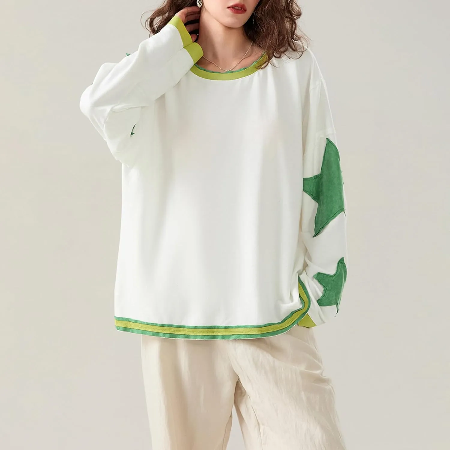 Faretumiya Womens Star Graphic Sweatshirt Oversized Pullover Shirt Long Sleeve Crewneck Drop Shoulder Y2k Fashion Sweatshirt