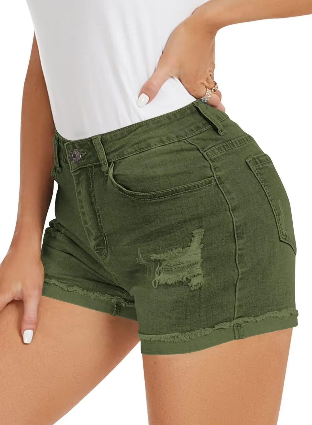 FEKOAFE 2025 Womens Casual Mid/High Waisted Denim Shorts Summer Stretchy Ripped Jean Shorts for Women