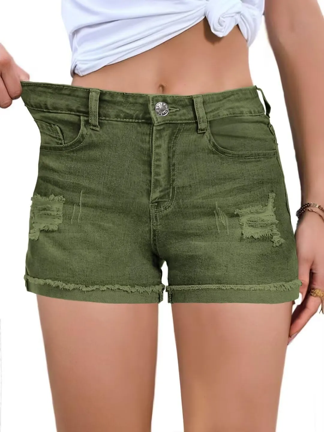FEKOAFE 2025 Womens Casual Mid/High Waisted Denim Shorts Summer Stretchy Ripped Jean Shorts for Women