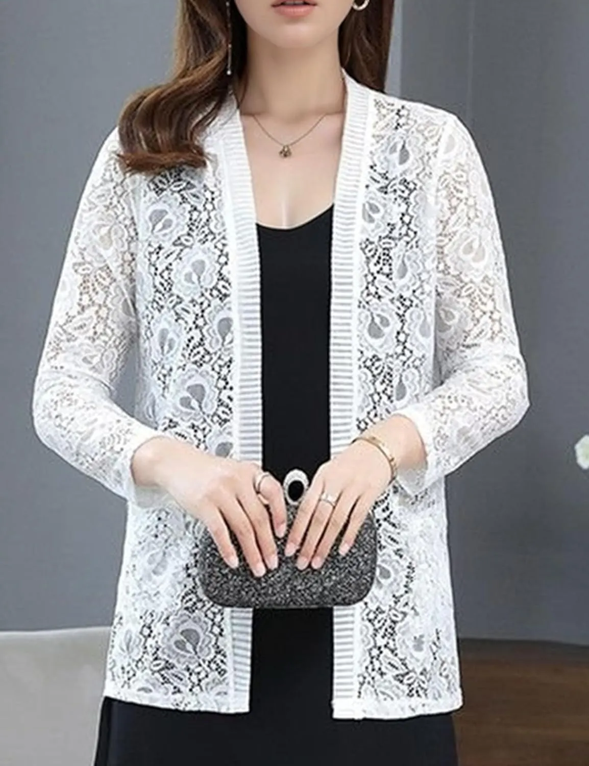 FindThy Womens 3/4 Sleeve Lace Cardigan Long Sleeve Open Front Floral Crochet Shrug Cover Up