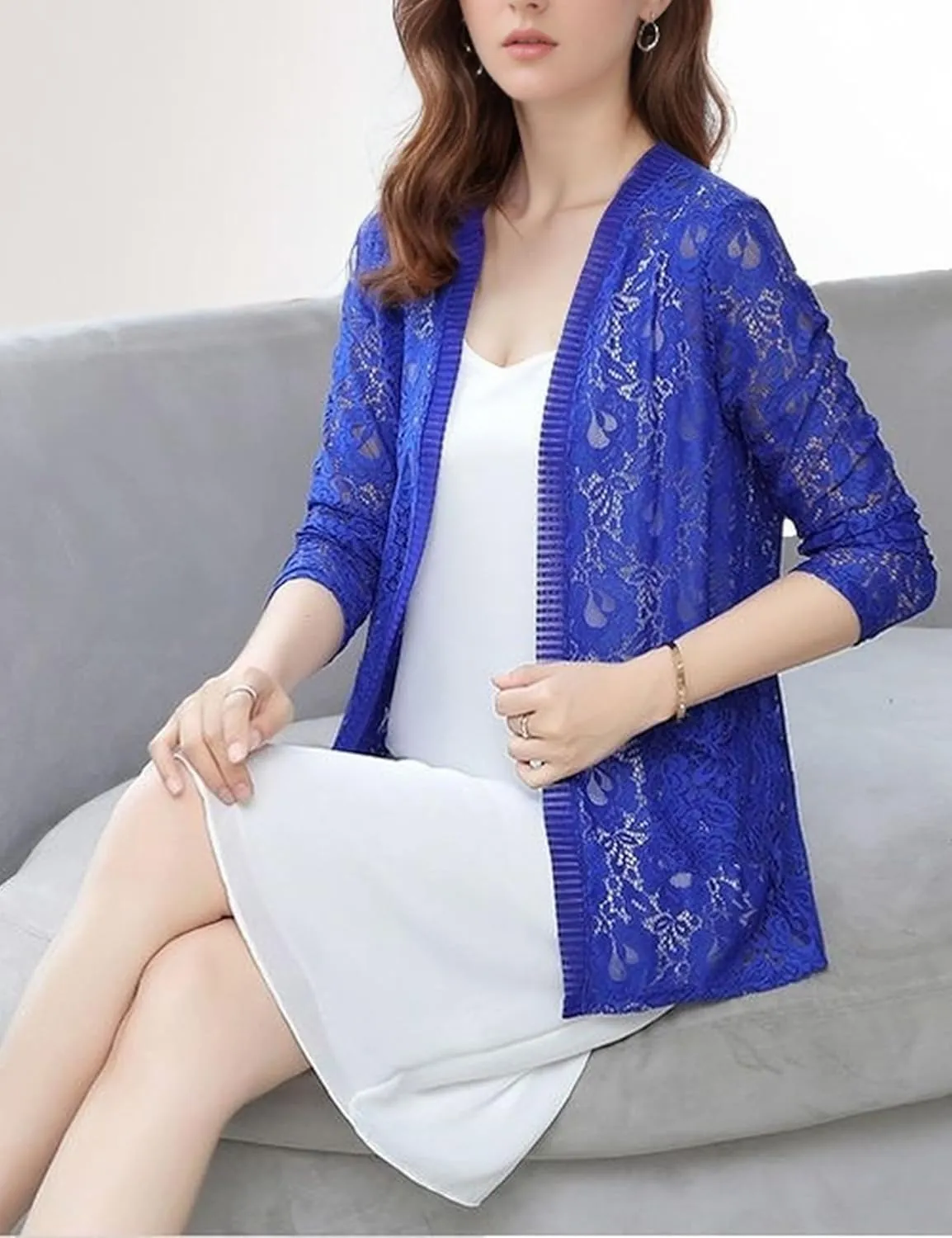 FindThy Womens 3/4 Sleeve Lace Cardigan Long Sleeve Open Front Floral Crochet Shrug Cover Up