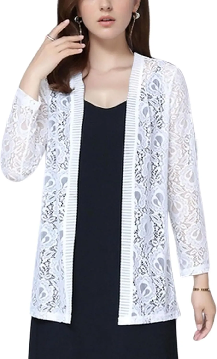 FindThy Womens 3/4 Sleeve Lace Cardigan Long Sleeve Open Front Floral Crochet Shrug Cover Up