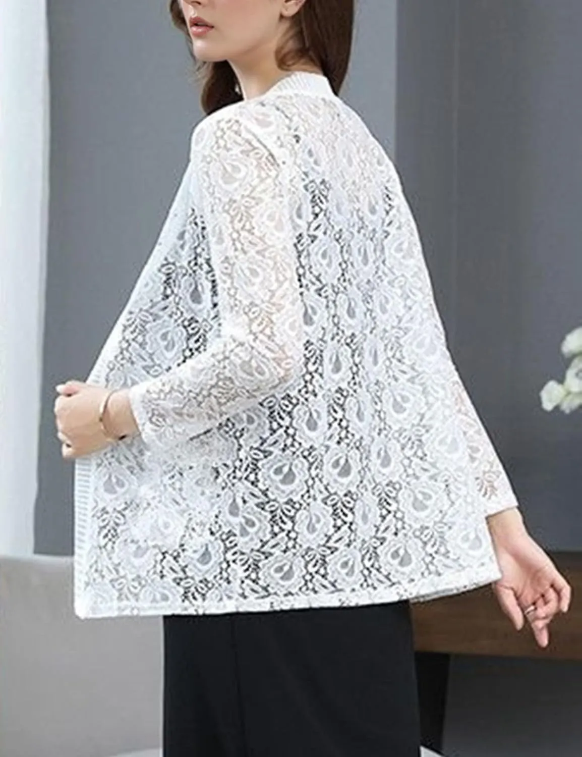 FindThy Womens 3/4 Sleeve Lace Cardigan Long Sleeve Open Front Floral Crochet Shrug Cover Up
