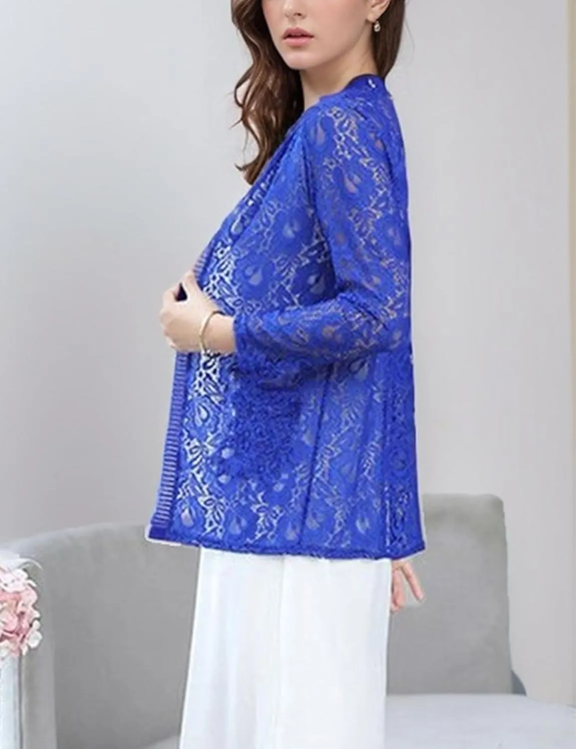 FindThy Womens 3/4 Sleeve Lace Cardigan Long Sleeve Open Front Floral Crochet Shrug Cover Up