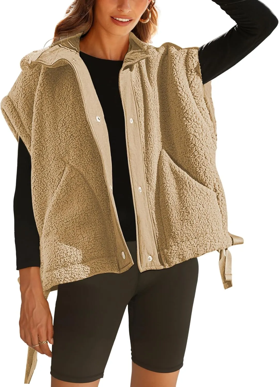 Fleece Vest for Women Sleeveless Button Up Fuzzy Sherpa Jacket Casual Warm Waistcoat Vest with Pockets