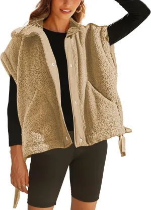 Fleece Vest for Women Sleeveless Button Up Fuzzy Sherpa Jacket Casual Warm Waistcoat Vest with Pockets