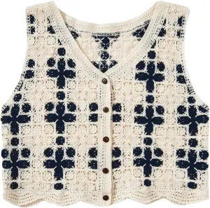 Floerns Women's Argyle V Neck Button Front Cardigan Sleeveless Knit Sweater Vest