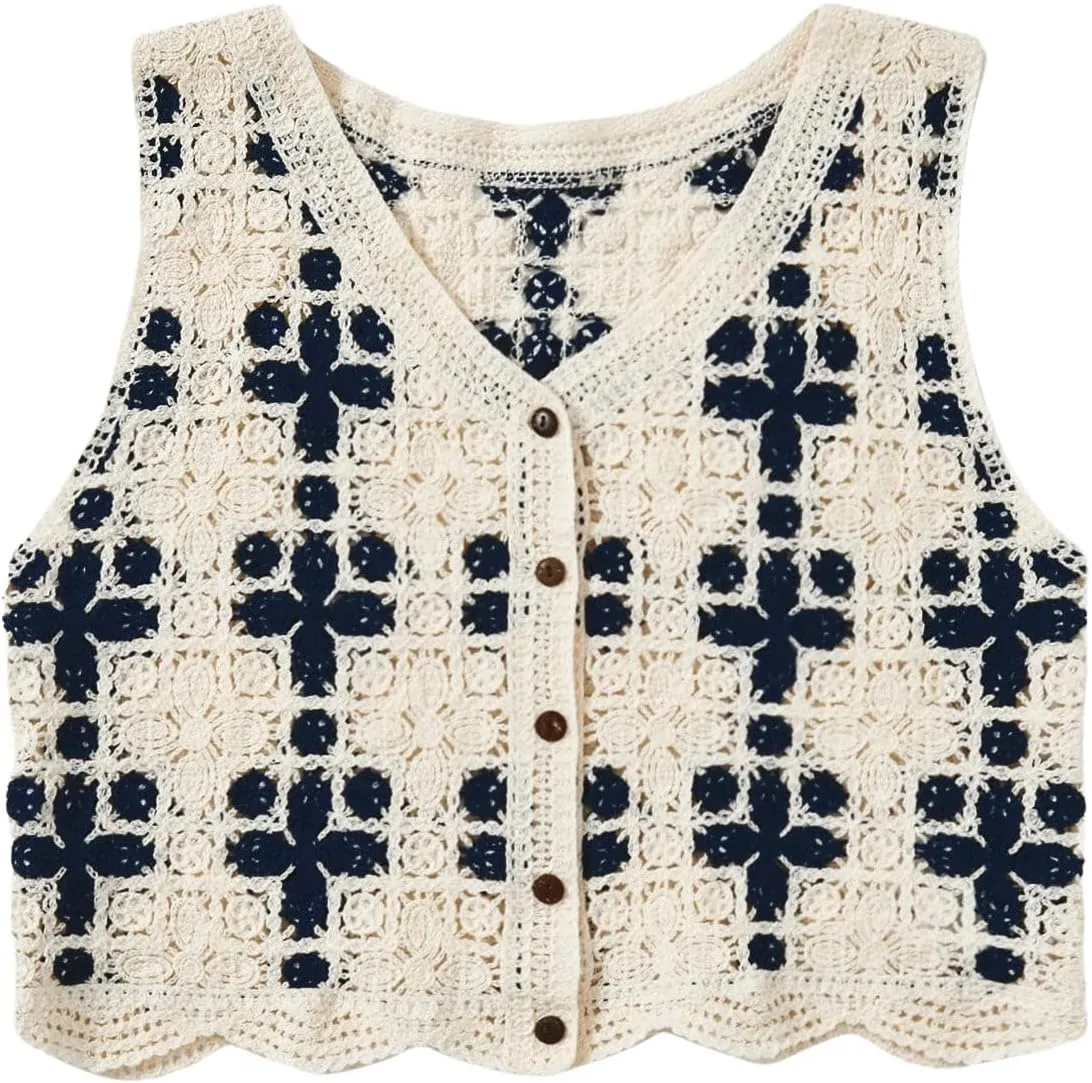 Floerns Women's Argyle V Neck Button Front Cardigan Sleeveless Knit Sweater Vest