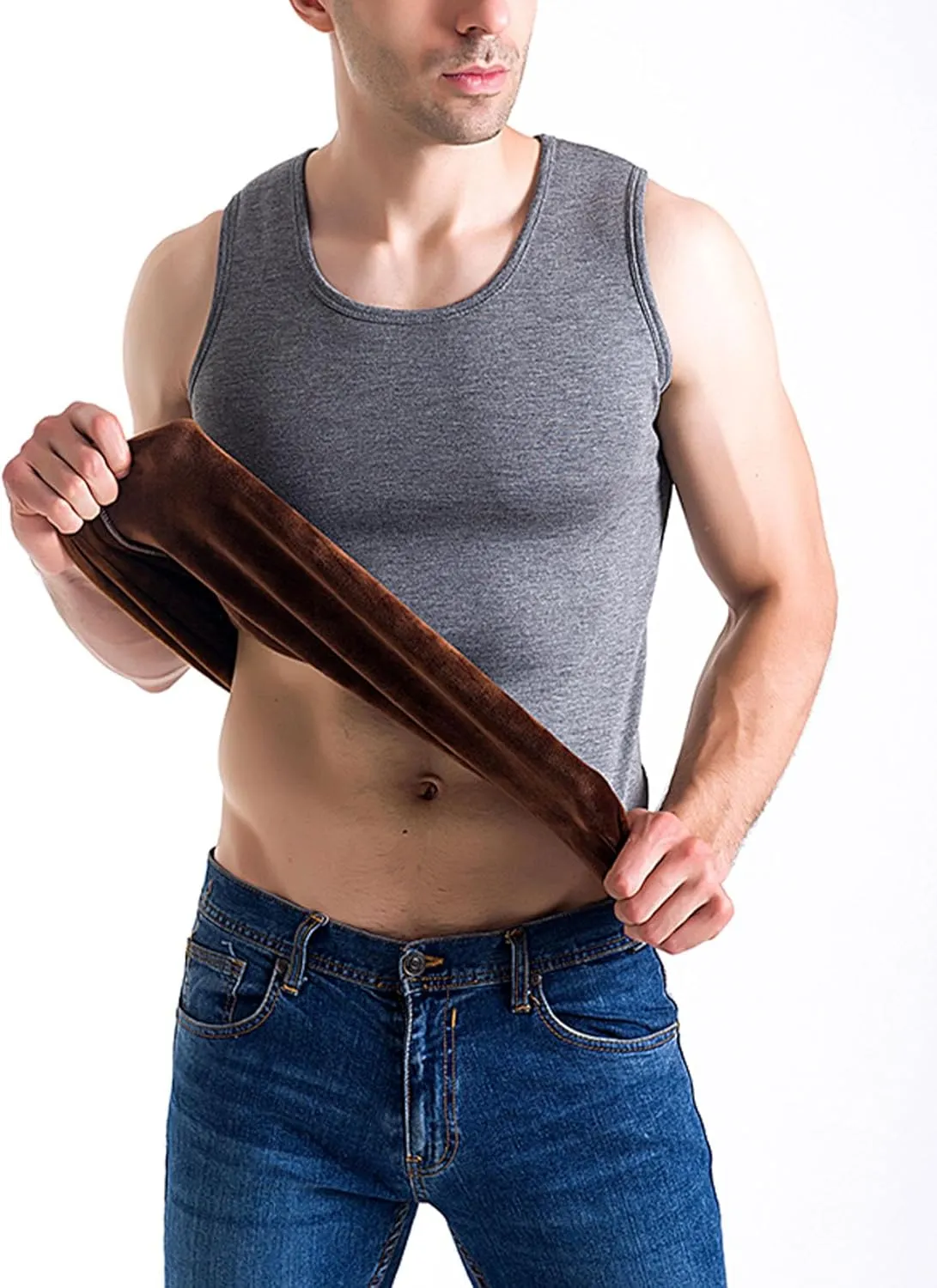 Flygo 2 Pack Thermal Tank Top Men Cotton Winter Warm Fleece Lined Underwear Sleeveless Vest Undershirt