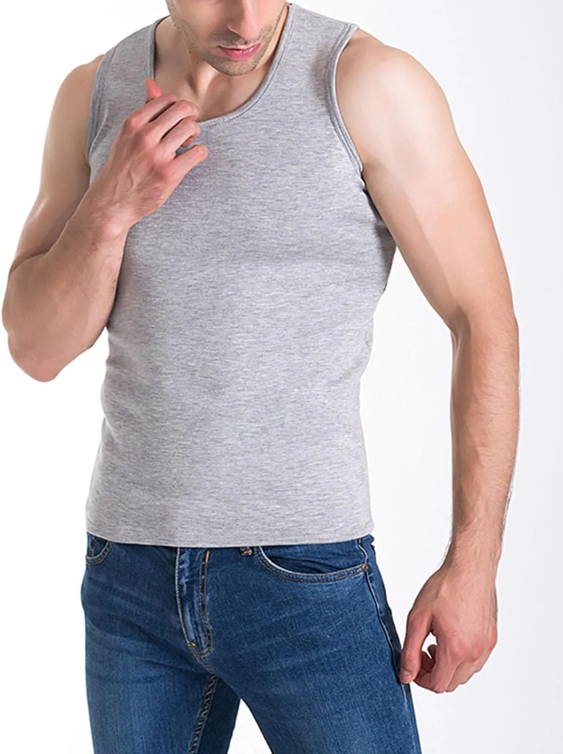 Flygo 2 Pack Thermal Tank Top Men Cotton Winter Warm Fleece Lined Underwear Sleeveless Vest Undershirt