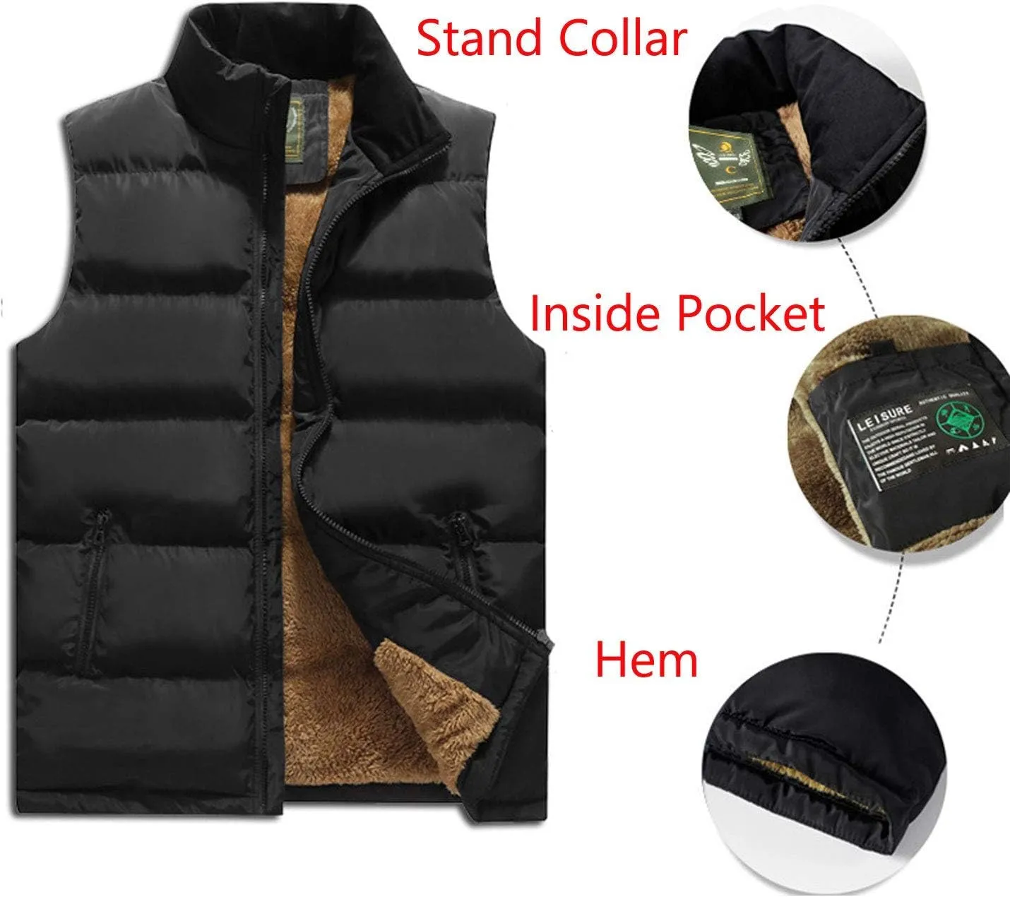 Flygo Men's Fleece Lined Winter Warm Outdoor Padded Puffer Vest Thick Sleeveless Jacket with Pockets