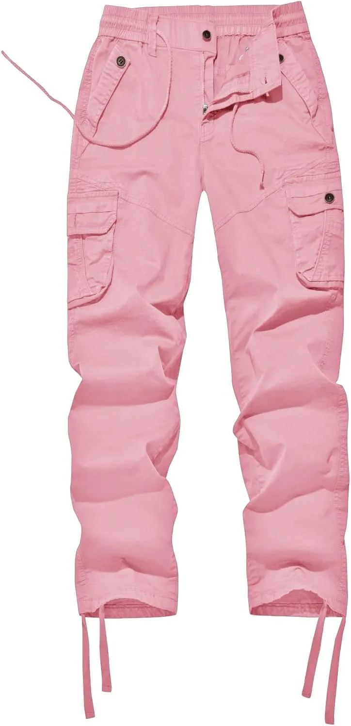 FOURSTEEDS Women's Mid Rise Drawstring Elastic Waist Multi-Pocket Outdoor Sport Cotton Camping Hiking Cargo Pants