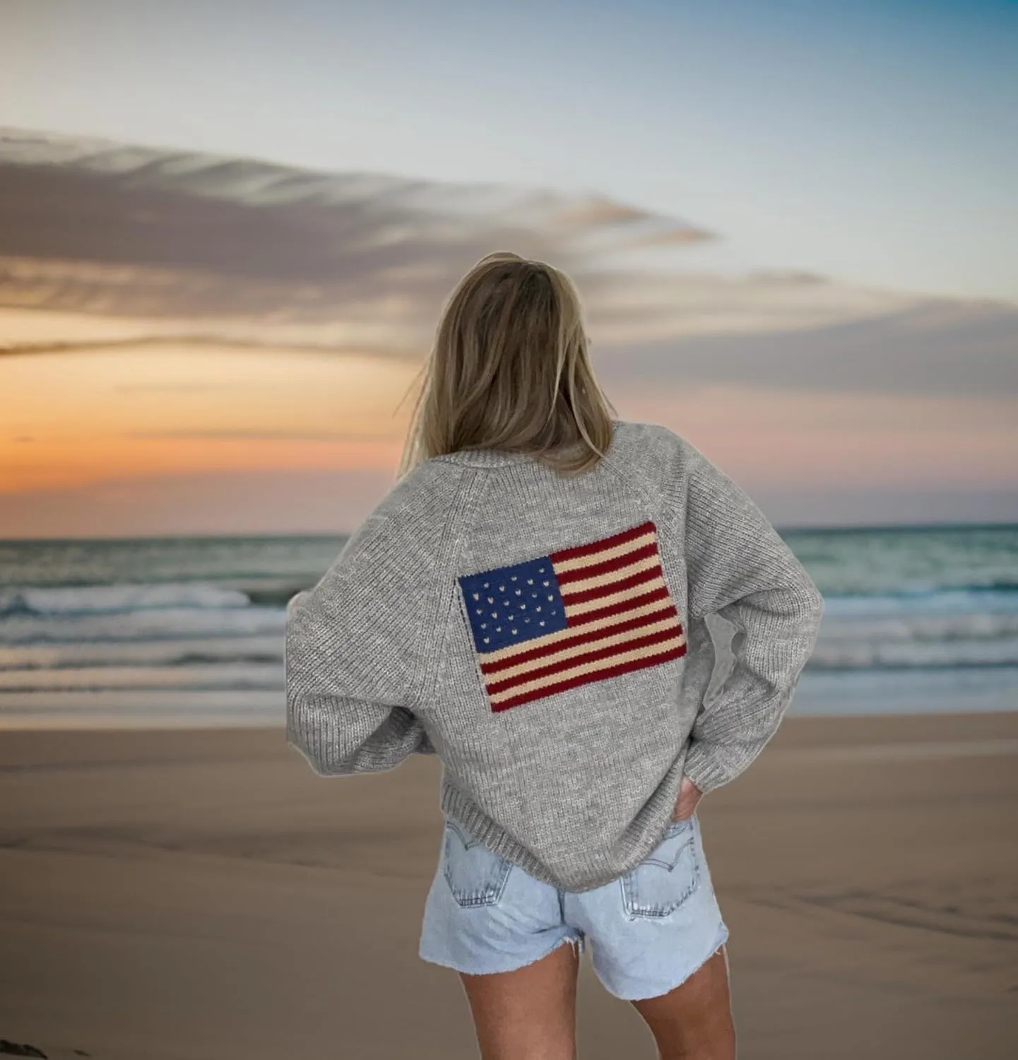 Fourth of July American Flag Knit Sweater Cardigan for Women Y2k USA Patriotic Vintage Knitwear Cardigans.
