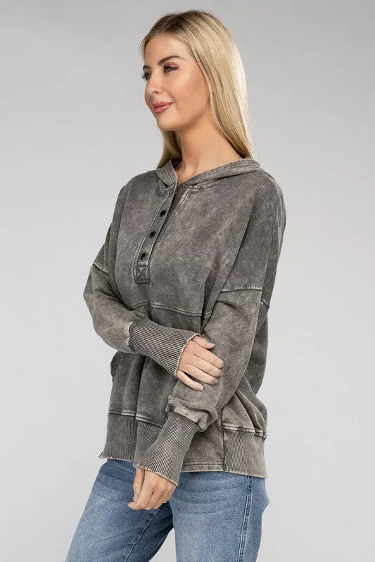 French Terry Acid Wash Front Pocket Hoodie