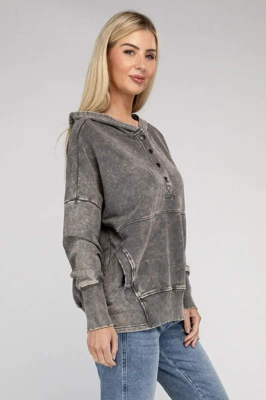 French Terry Acid Wash Front Pocket Hoodie