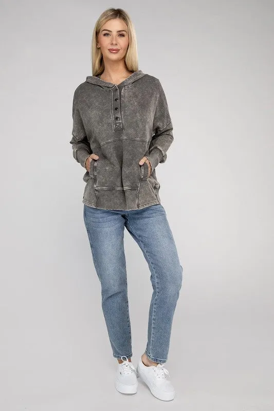 French Terry Acid Wash Front Pocket Hoodie