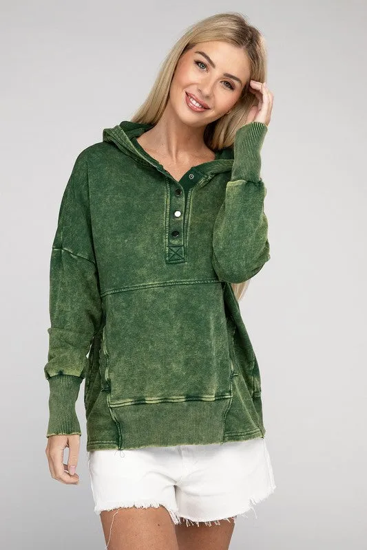 French Terry Acid Wash Front Pocket Hoodie