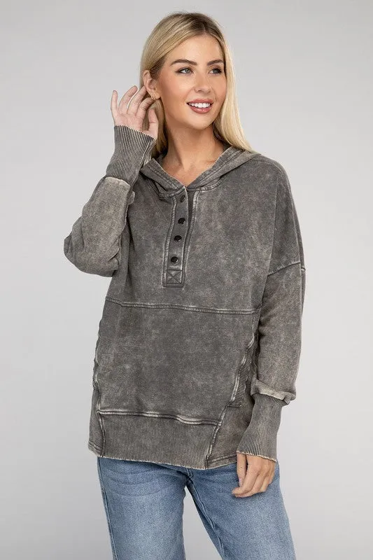 French Terry Acid Wash Front Pocket Hoodie